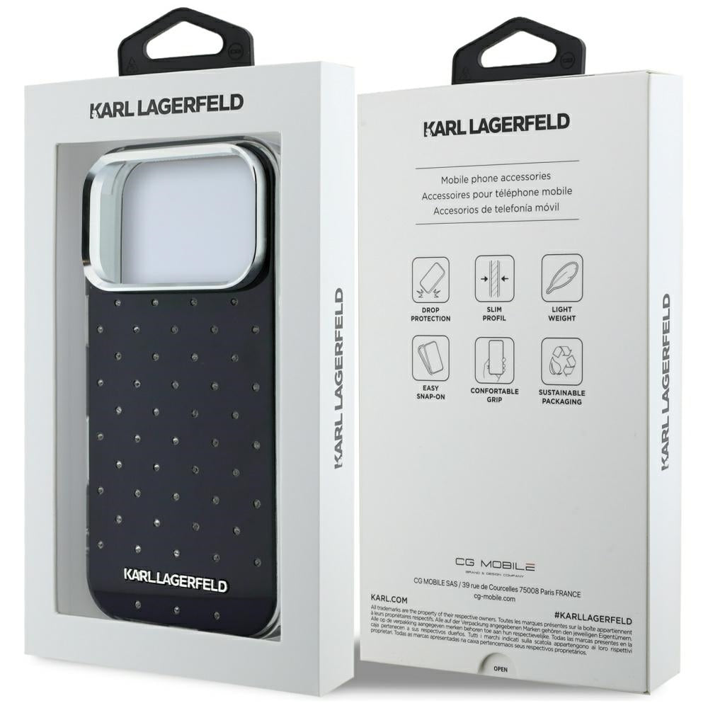 Hoes voor Apple iPhone 18 Pro Max / 17 Pro Max, Karl Lagerfeld, IML Strass-steentjes en Geëlectroplateerd Logo, Zwart