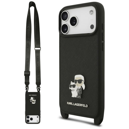 Case for Apple iPhone 18 Pro Max / 17 Pro Max, Karl Lagerfeld, Saffiano Crossbody Metal Pin Karl & Choupette, Black