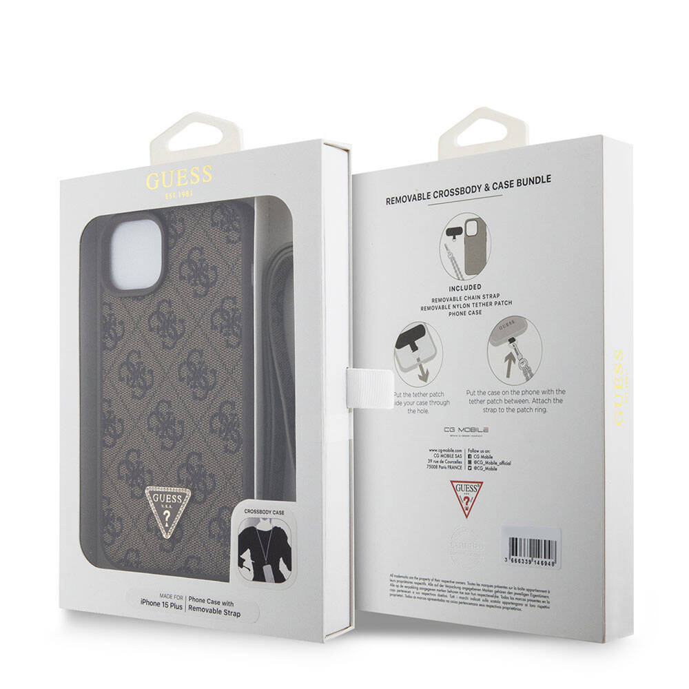 Hoes voor Apple iPhone 15 Plus, Guess, Crossbody 4G Metal Logo, Bruin, Opnieuw verzegeld