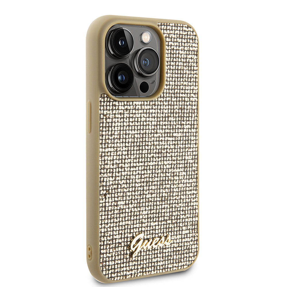 Hoesje voor Apple iPhone 15 Pro, Guess, PU Square Mirror Script Logo, Goud GUHCP15LPMSDGSD