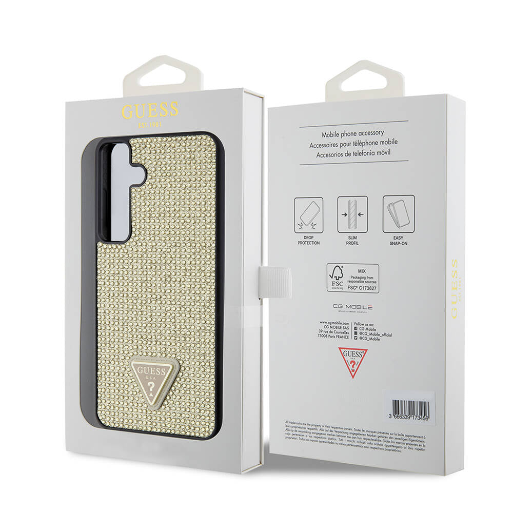 Hoes voor Samsung Galaxy S24+ S926, Guess, Rhinestone Triangle Logo, Goud