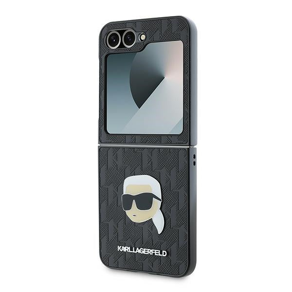 Hoes voor Samsung Galaxy Z Flip7 FE F761 / Z Flip6 F741, Karl Lagerfeld, Saffiano Monogram Karl's Head Metal, Zwart