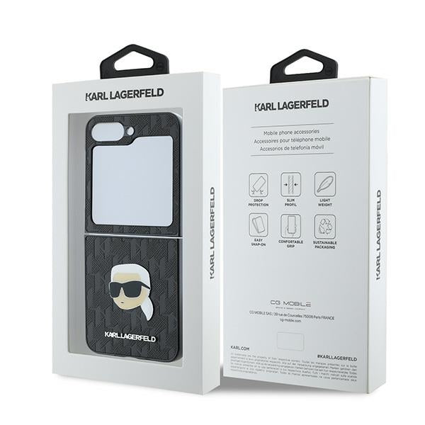 Hoes voor Samsung Galaxy Z Flip7 FE F761 / Z Flip6 F741, Karl Lagerfeld, Saffiano Monogram Karl's Head Metal, Zwart