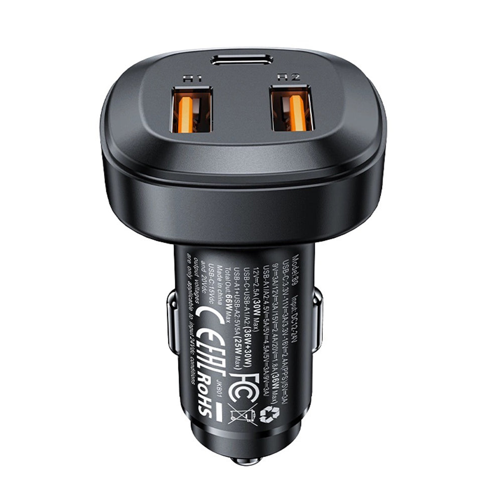 Auto-oplader Acefast B9, 66W, 5A, 2 x USB-A - 1 x USB-C, Zwart
