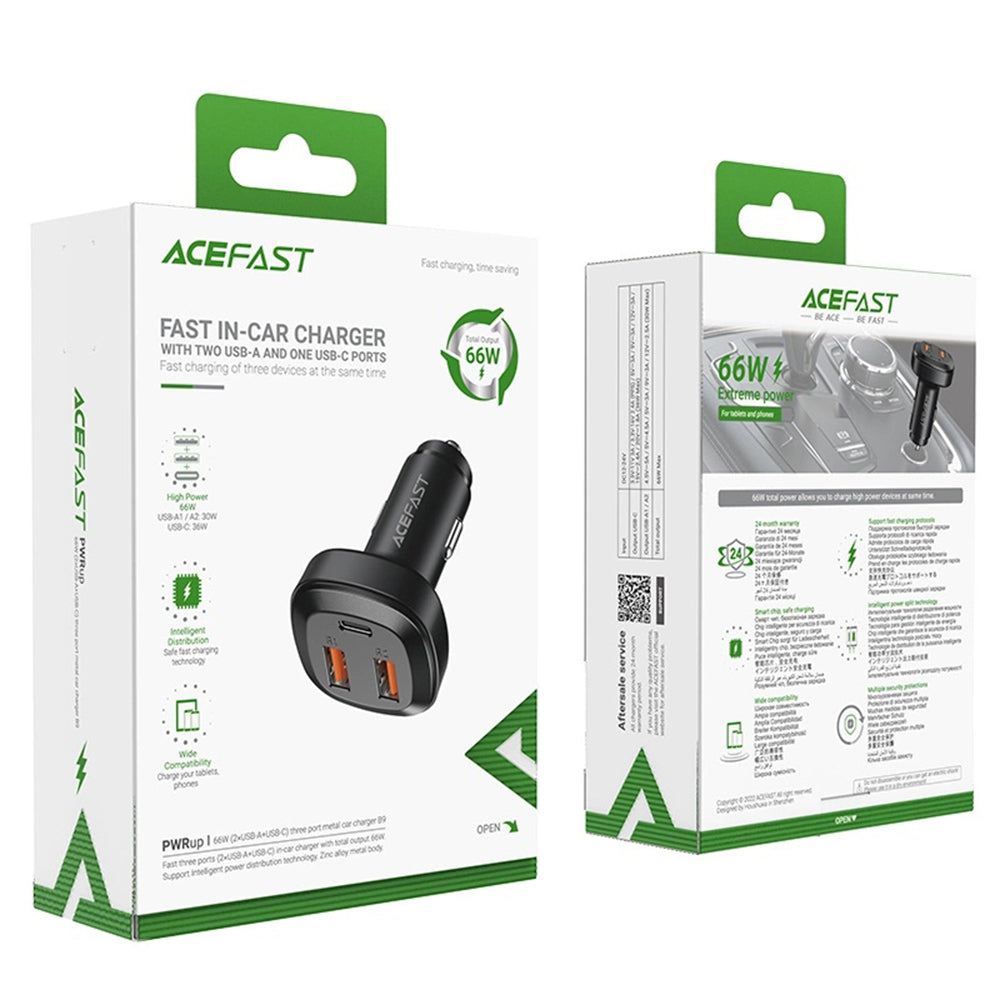 Auto-oplader Acefast B9, 66W, 5A, 2 x USB-A - 1 x USB-C, Zwart