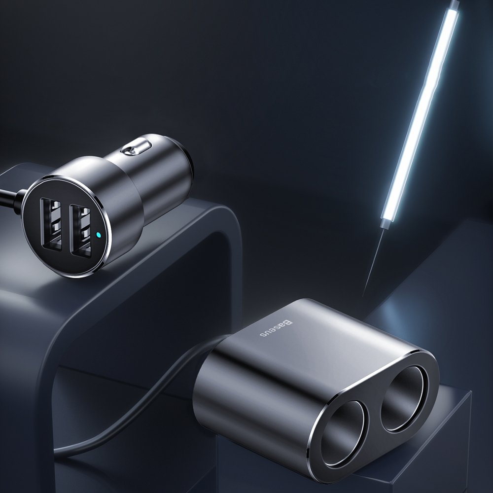 Baseus Hoogrendement Autolader, 95W, 2,1A, 2 x Sigarettenaansteker Verlenging - 2 x USB-A, Grijs CRDYQ-01 CRDYQ-01