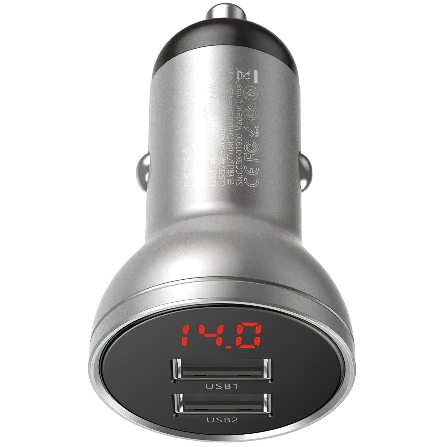 Baseus Digital Display Car Charger, 24W, 2.4A, 2 x USB-A, Silver CCBX-0S CCBX-0S
