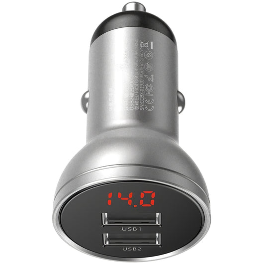Autolader Baseus Digitaal Display, 24W, 2,4A, 2 x USB-A, Zilver CCBX-0S