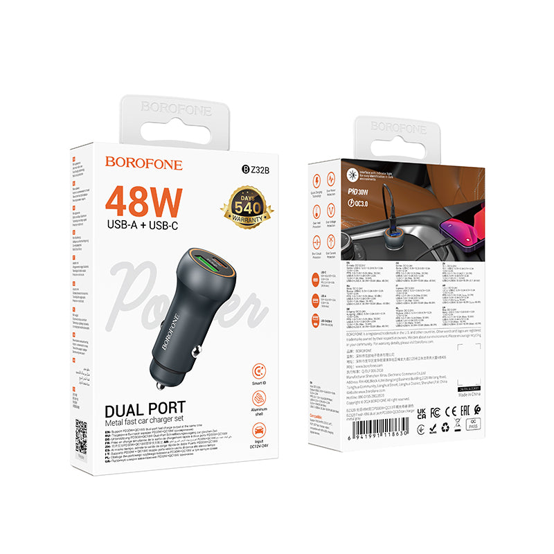 Auto-oplader Borofone BZ32B Fresh, 48W, 3A, 1 x USB-A - 1 x USB-C, Gri