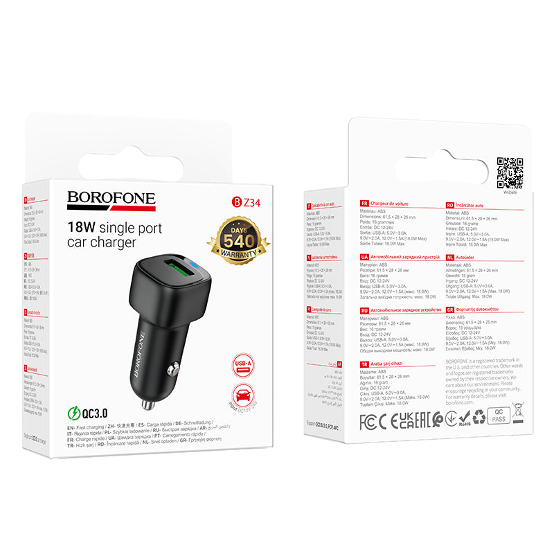 Auto-oplader Borofone BZ34 Cloud, 18W, 3A, 1 x USB-A, Zwart