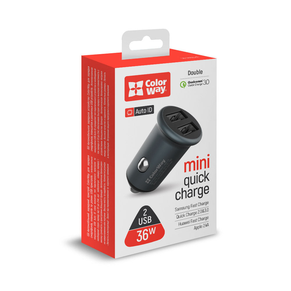 Auto Oplader ColorWay, 36W, 3A, 2 x USB-A, Gri