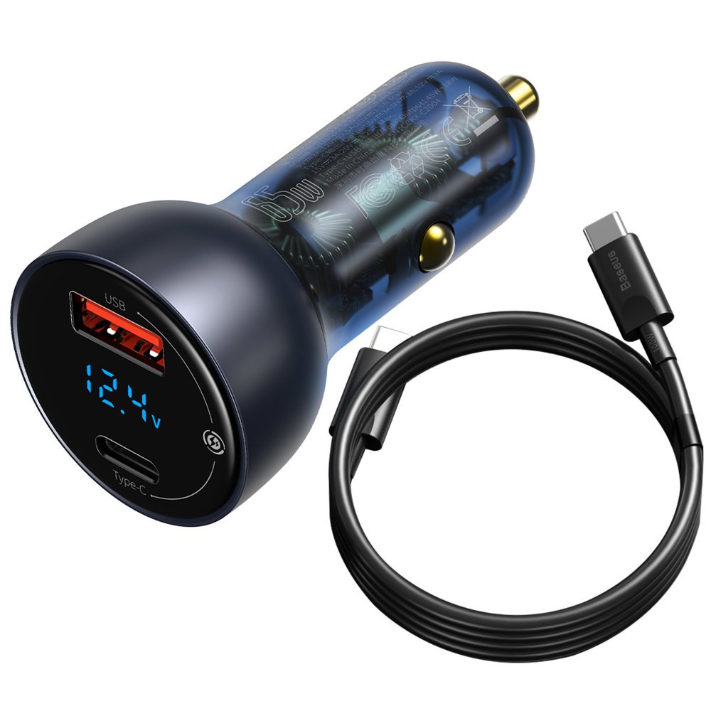 Autolader met USB-C-kabel Baseus Digital Display, 65W, 5A, 1 x USB-A - 1 x USB-C, Zwart TZCCKX-0G