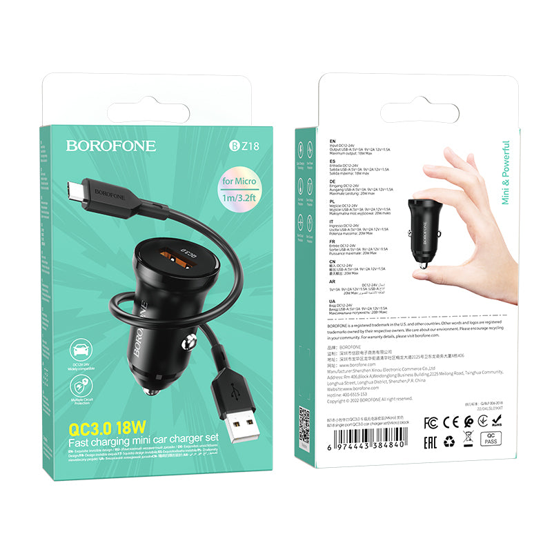 Auto-oplader met microUSB-kabel Borofone BZ18, 18W, 3A, 1 x USB-A, Zwart