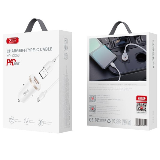 Auto-oplader met USB-C kabel XO Design CC56, 30W, 3A, 1 x USB-A - 1 x USB-C, Wit