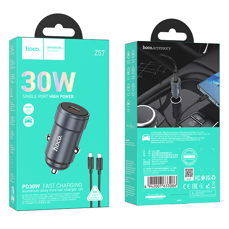 Autolader met USB-C-kabel HOCO Z57, 30W, 3A, 1 x USB-C, Grijs