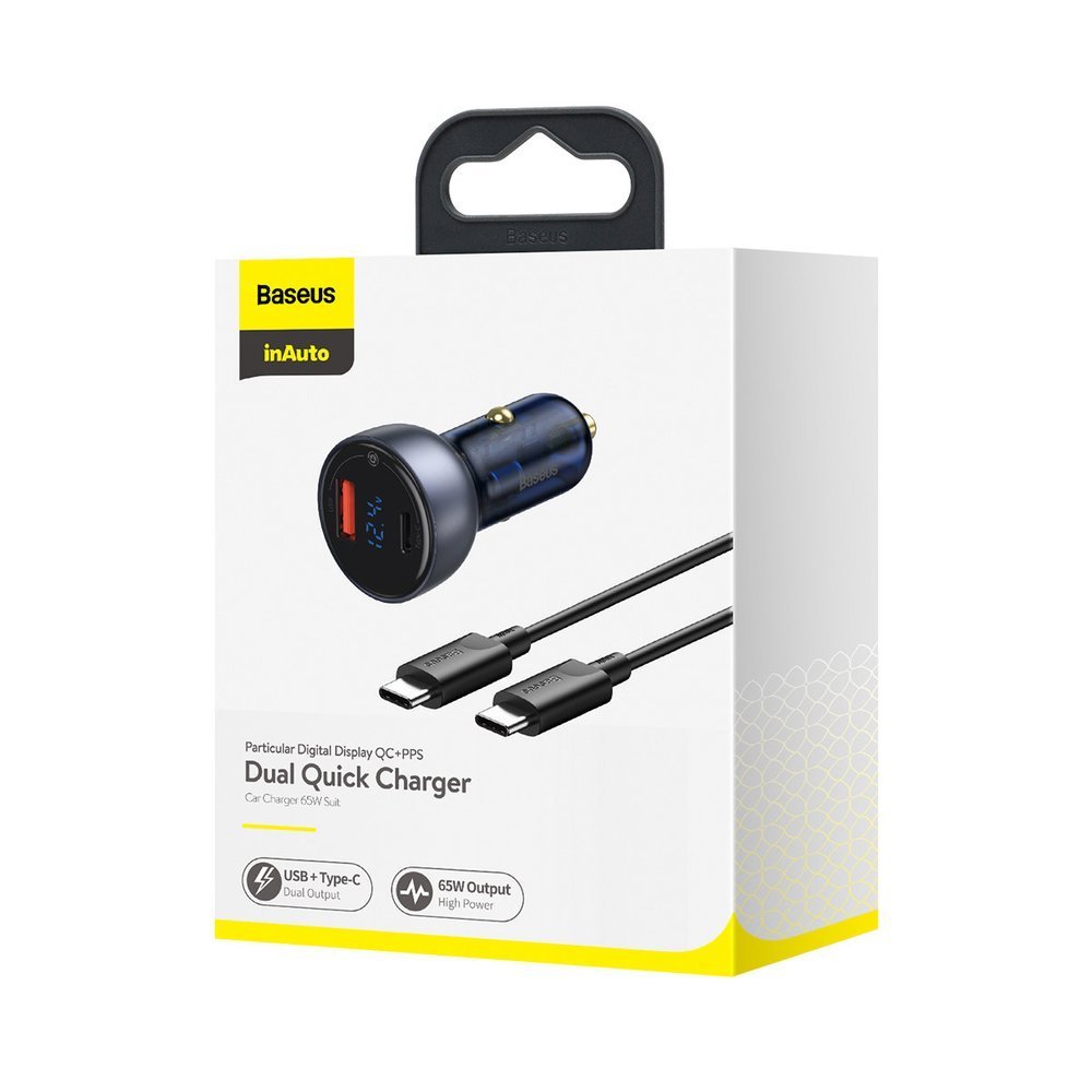 Autolader met USB-C-kabel Baseus Digital Display, 65W, 5A, 1 x USB-A - 1 x USB-C, Zwart TZCCKX-0G