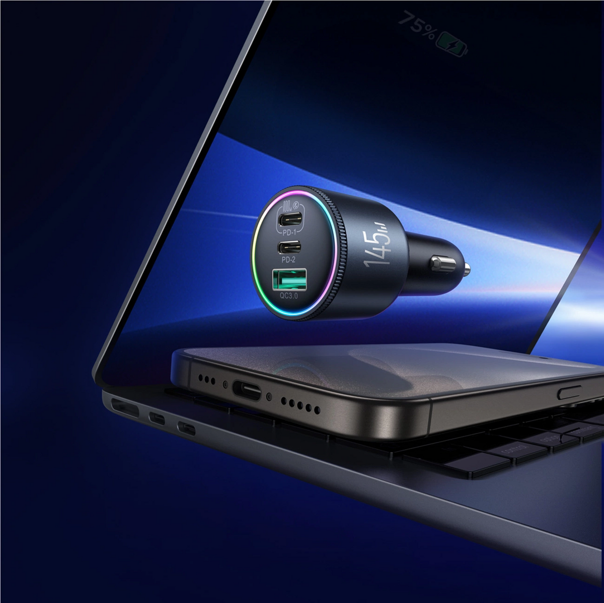 Autolader met USB-C Kabel Joyroom JR-CCN07, 145W, 5A, 1 x USB-A - 2 x USB-C, Gri