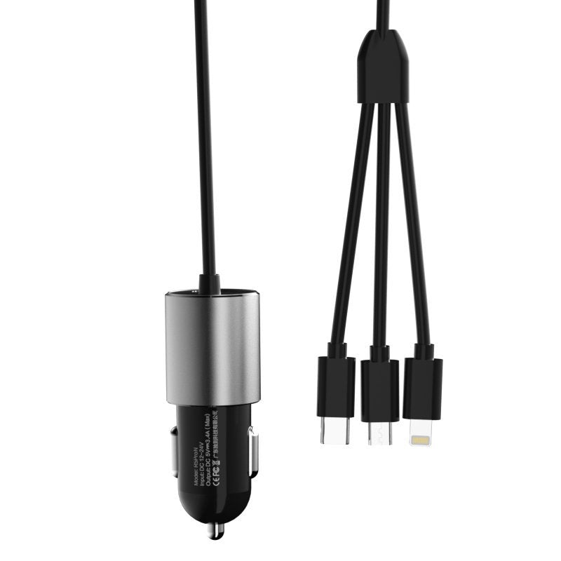 Autolader met Lightning / microUSB / USB-C-kabel Dudao R5ProN, 17W, 3.4A, 1 x USB-A, Zwart