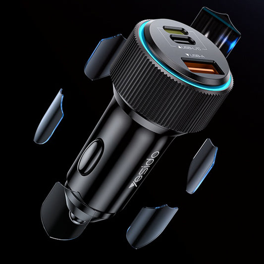 Autolader met Lightning Kabel Yesido Y60, 38W, 3A, 1 x USB-A - 2 x USB-C, Zwart