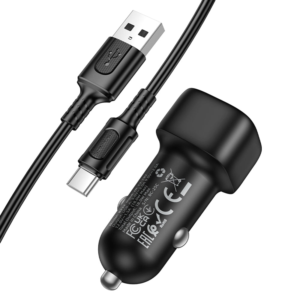 Car Charger with USB-C Cable Borofone BZ34 Cloud, 18W, 3A, 1 x USB-A, Black