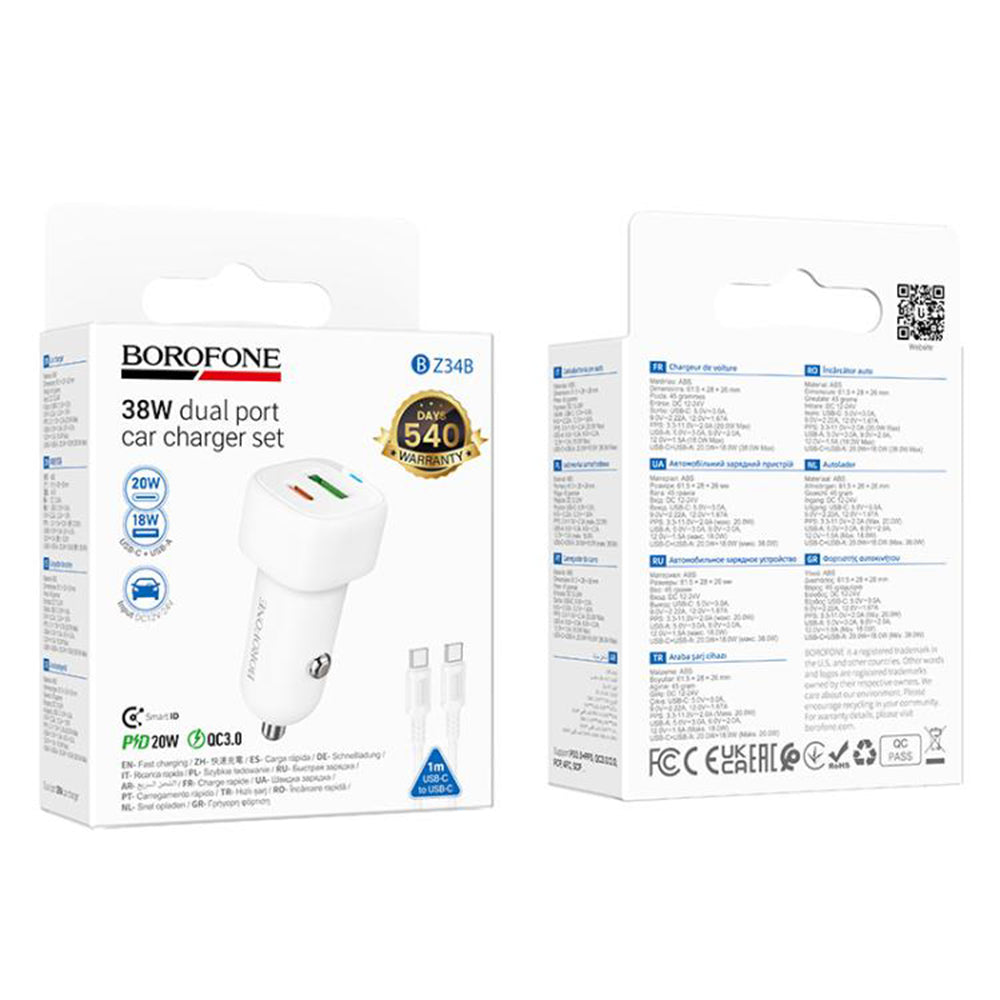 Auto-oplader met USB-C kabel Borofone BZ34B Cloud, 20W, 3A, 1 x USB-A - 1 x USB-C, Wit