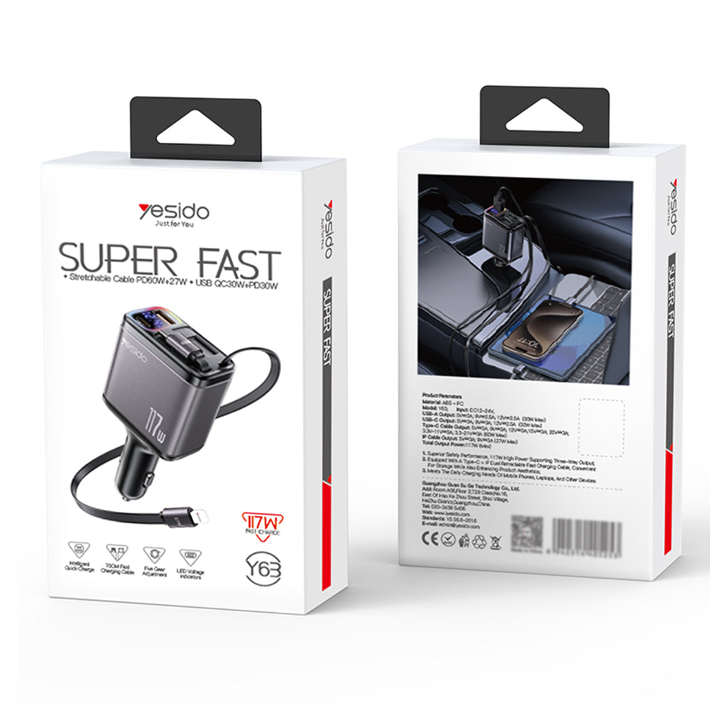 Autolader met USB-C / Lightning Yesido Y63 Display, 117W, 3A, 1 x USB-A - 1 x USB-C, Grijs