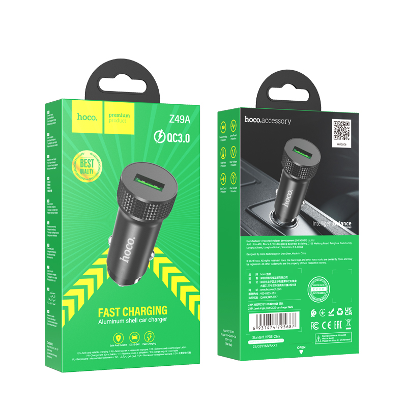 Auto-oplader HOCO Z49A, 18W, 3A, 1 x USB-A, Zwart