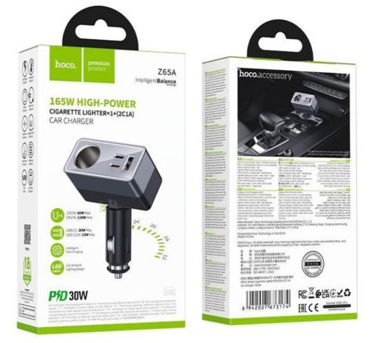 Auto-oplader HOCO Z65A, 165W, 3A, 1 x Sigarettenaanstekeruitbreiding - 1 x USB-A - 2 x USB-C, Zwart
