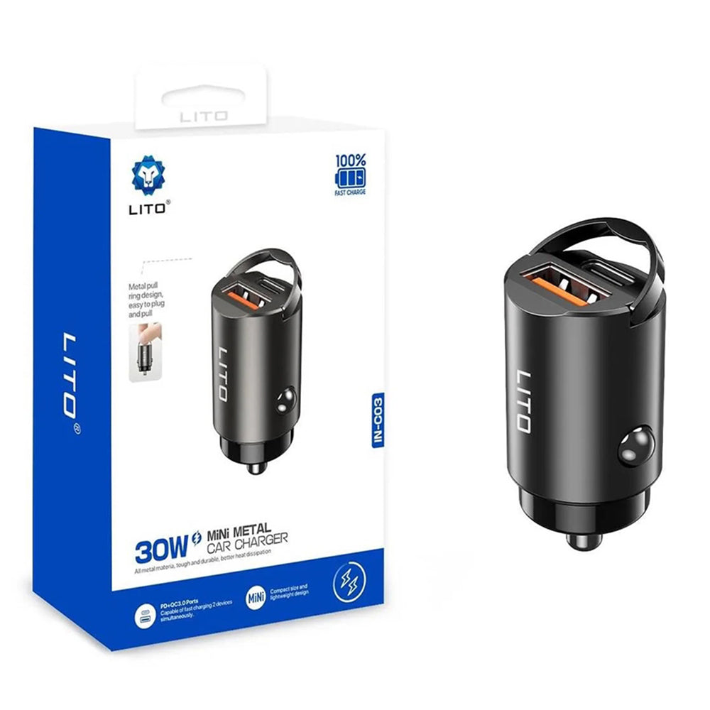 Auto-oplader Lito IN-C03, 30W, 3A, 1 x USB-A - 1 x USB-C, Zwart