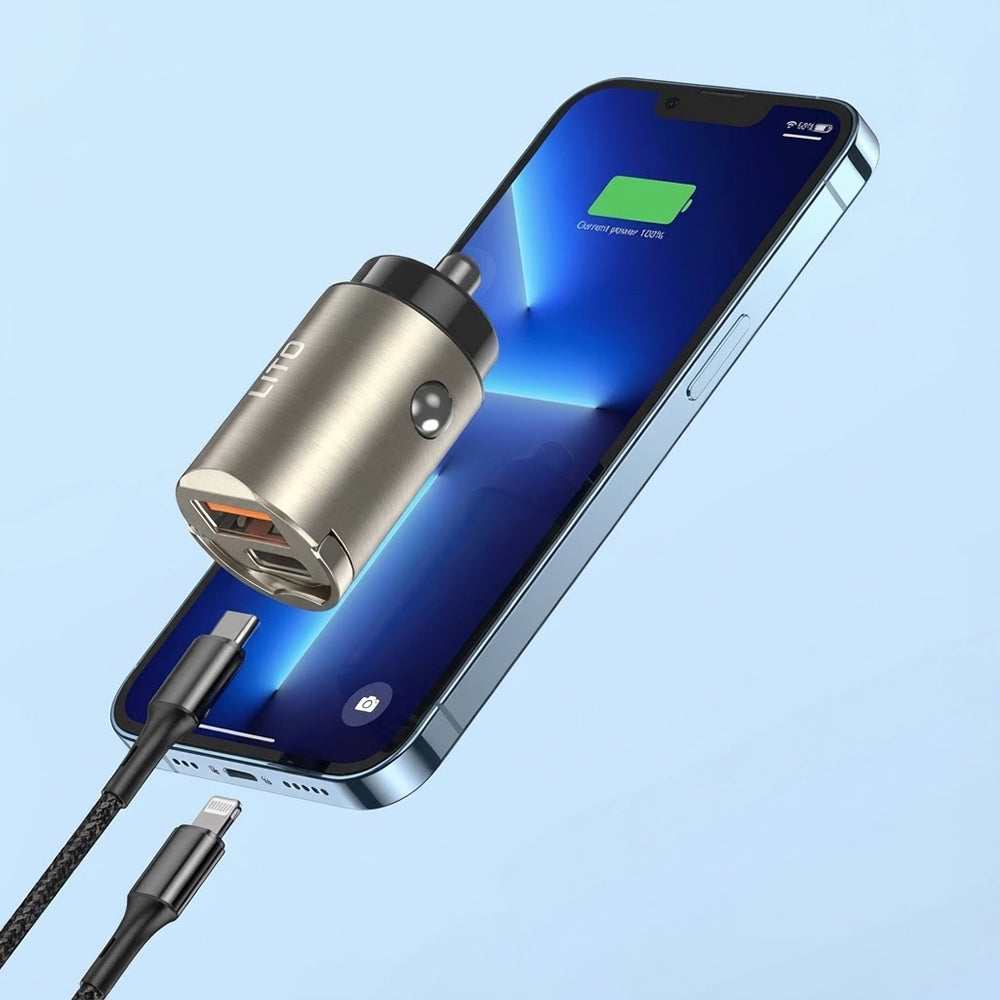 Auto-oplader Lito IN-C03, 30W, 3A, 1 x USB-A - 1 x USB-C, Zwart