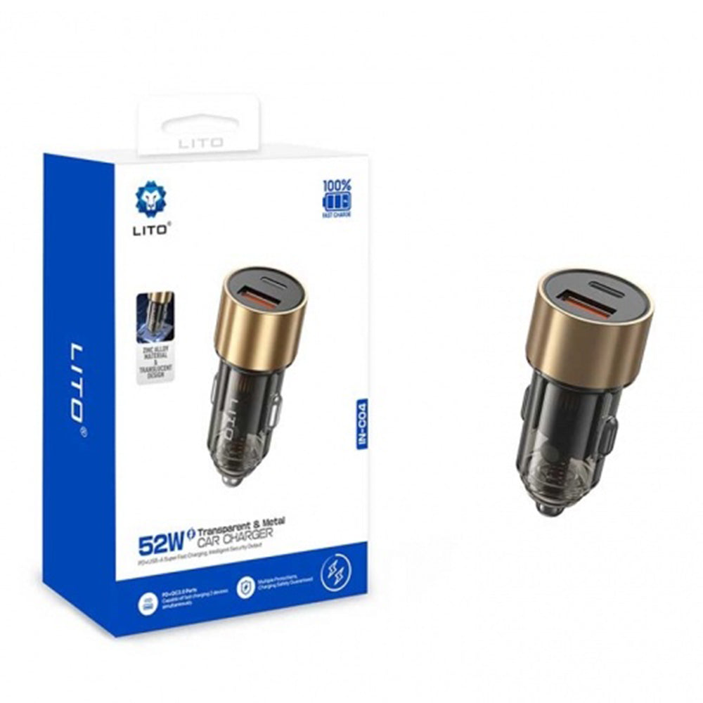 Auto-oplader Lito IN-C04, 52W, 3A, 1 x USB-A - 1 x USB-C, Zwart