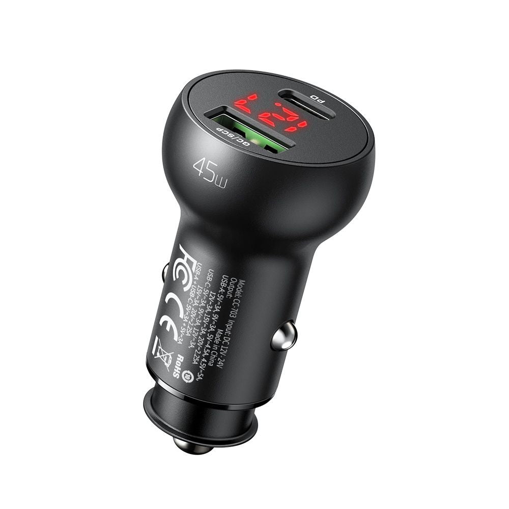 Auto-oplader McDodo CC-7030 Display, 45W, 5A, 1 x USB-A - 1 x USB-C, Zwart