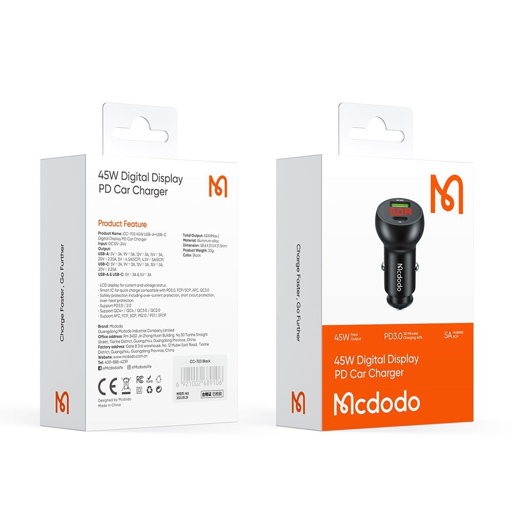 Auto-oplader McDodo CC-7030 Display, 45W, 5A, 1 x USB-A - 1 x USB-C, Zwart