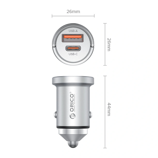 Orico MiniRing Pro Auto-oplader, 45W, 3A, 1 x USB-A - 1 x USB-C, Zilver