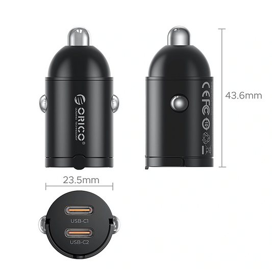 Orico MiniRing Autolader, 30W, 3A, 2 x USB-C, Zwart