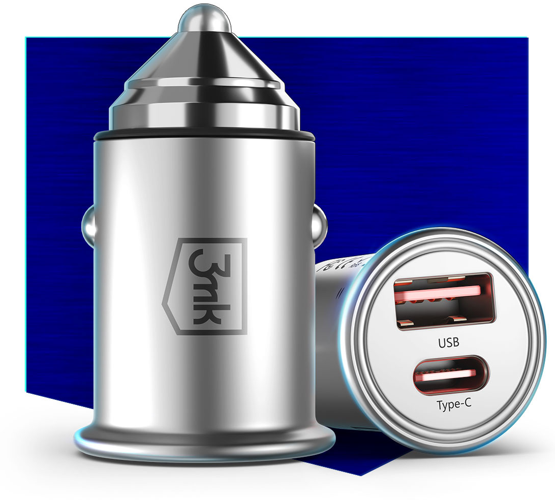 Autolader 3MK HyperCharger, 30W, 5A, 1 x USB-A - 1 x USB-C, Zilver