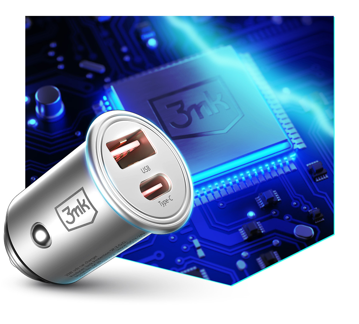 Autolader 3MK HyperCharger, 30W, 5A, 1 x USB-A - 1 x USB-C, Zilver