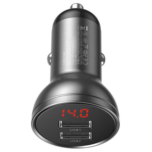 Baseus digitale display autolader, 24W, 2.4A, 2 x USB-A, grijs CCBX-0G