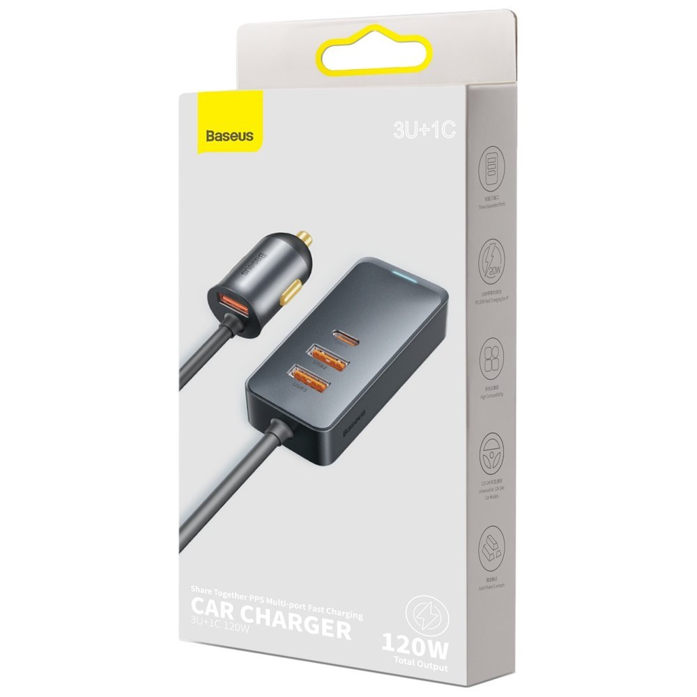 Auto-oplader Baseus Share Together, 120W, 3A, 3 x USB-A - 1 x USB-C, Grijs CCBT-B0G