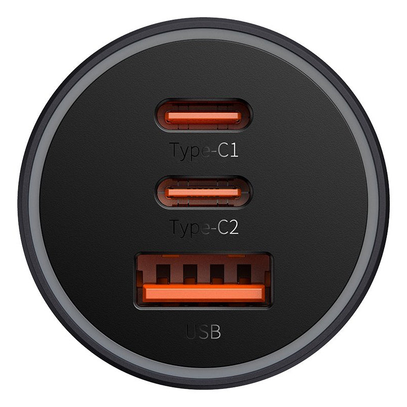 Autolader Baseus Golden Contactor Pro, 65W, 3A, 1 x USB-A - 2 x USB-C, Grijs CGJP010013