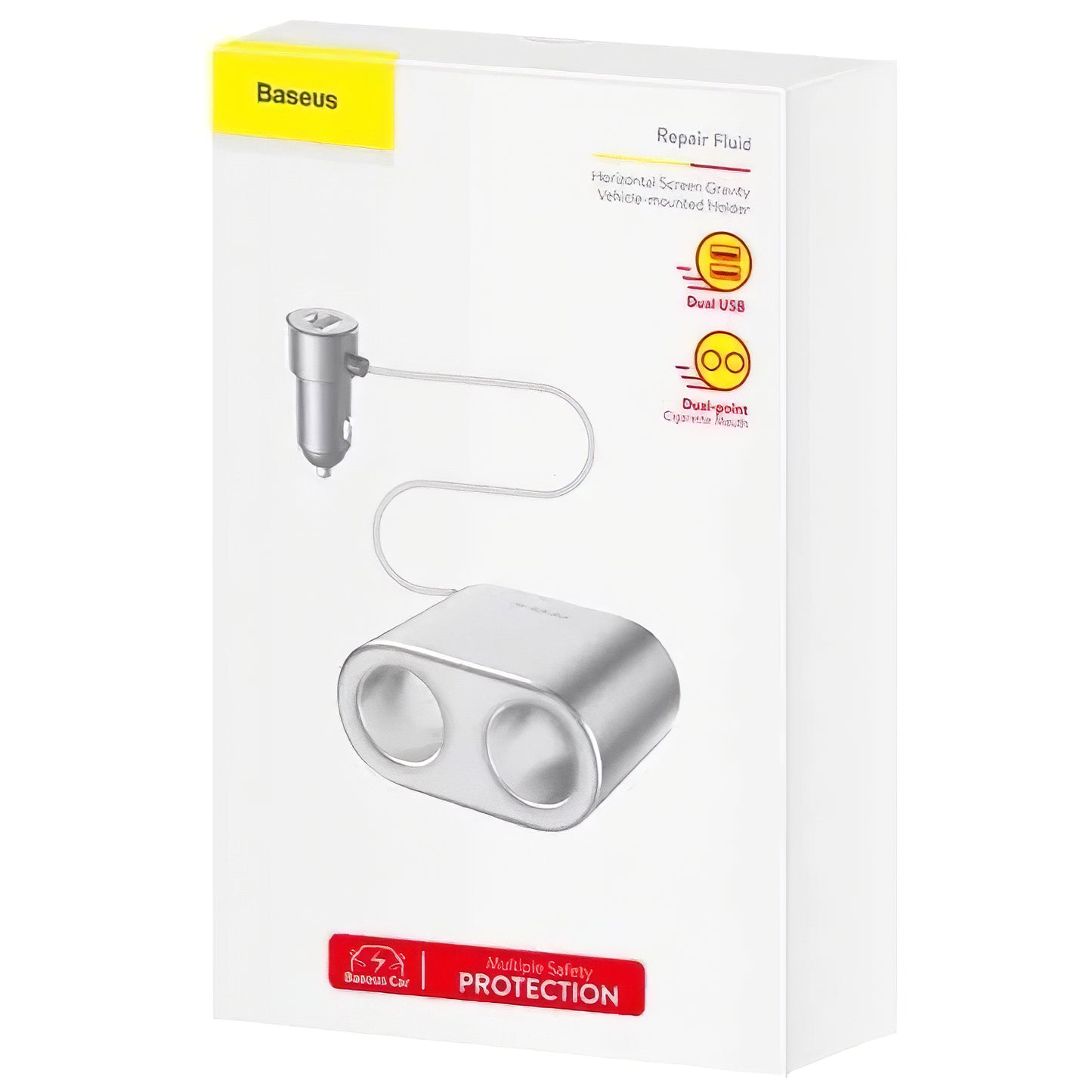 Baseus Hoog Rendement Autolader, 95W, 2.1A, 2 x Sigarettenaansteker Verlenging - 2 x USB-A, Zilver CRDYQ-0S