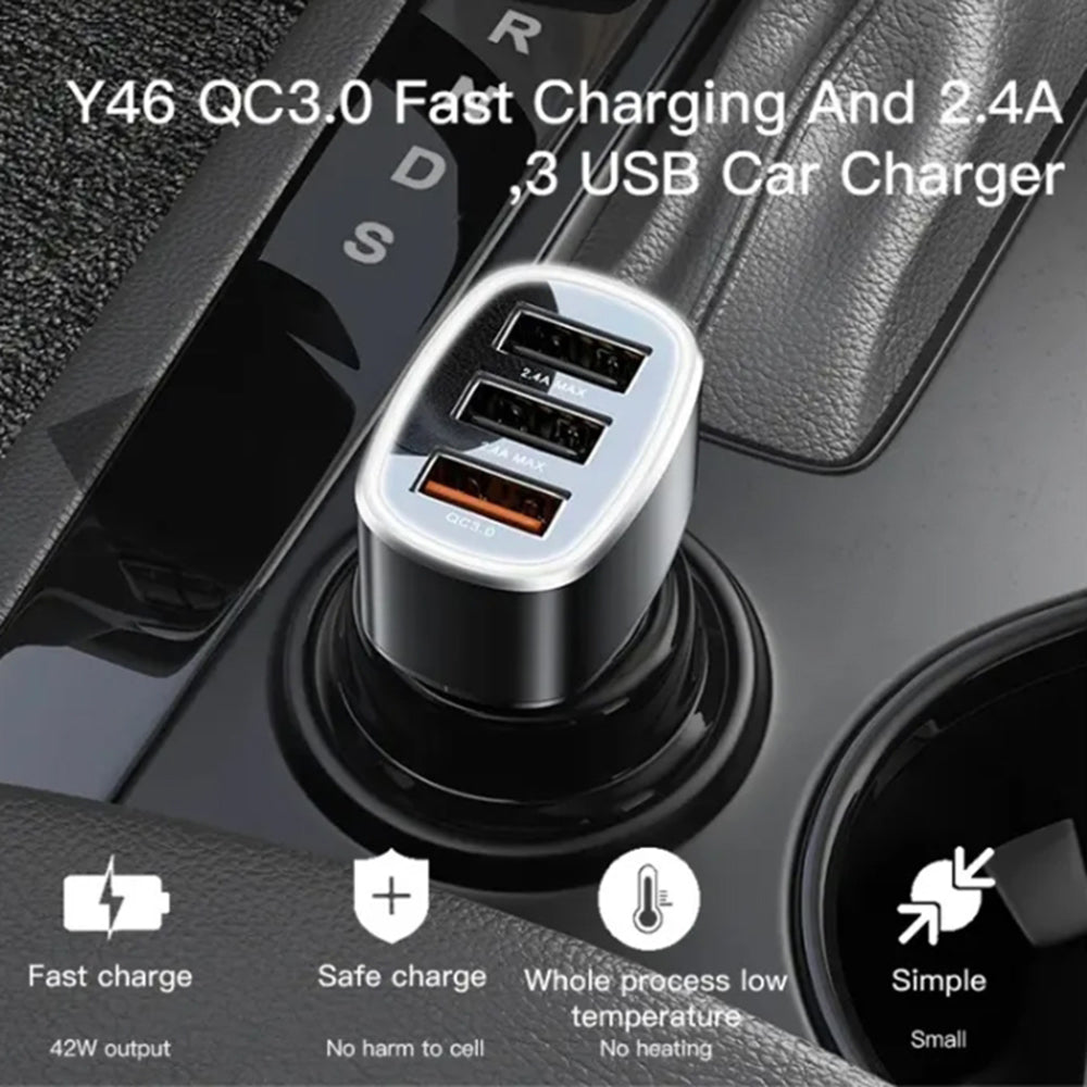 Auto-oplader Yesido Y46, 42W, 3A, 3 x USB-A, Zwart