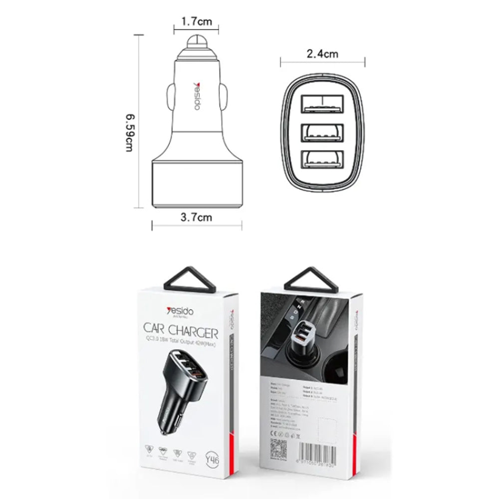 Auto-oplader Yesido Y46, 42W, 3A, 3 x USB-A, Zwart
