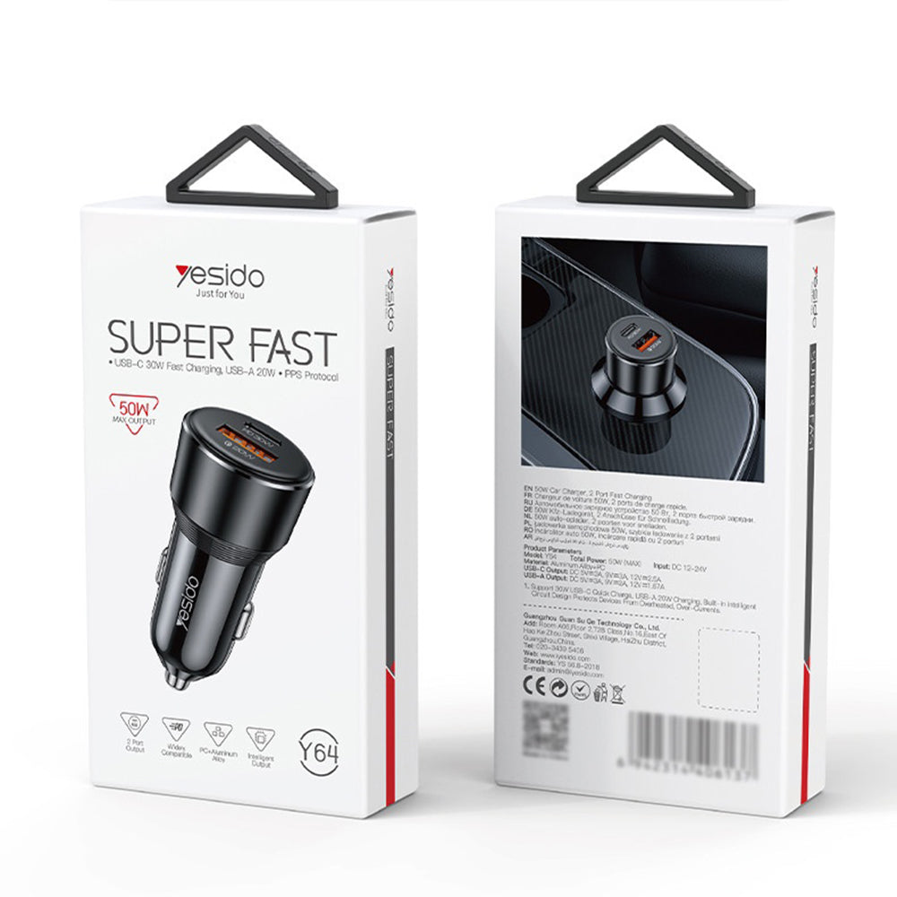 Autolader Yesido Y64, 50W, 3A, 1 x USB-A - 1 x USB-C, Zwart