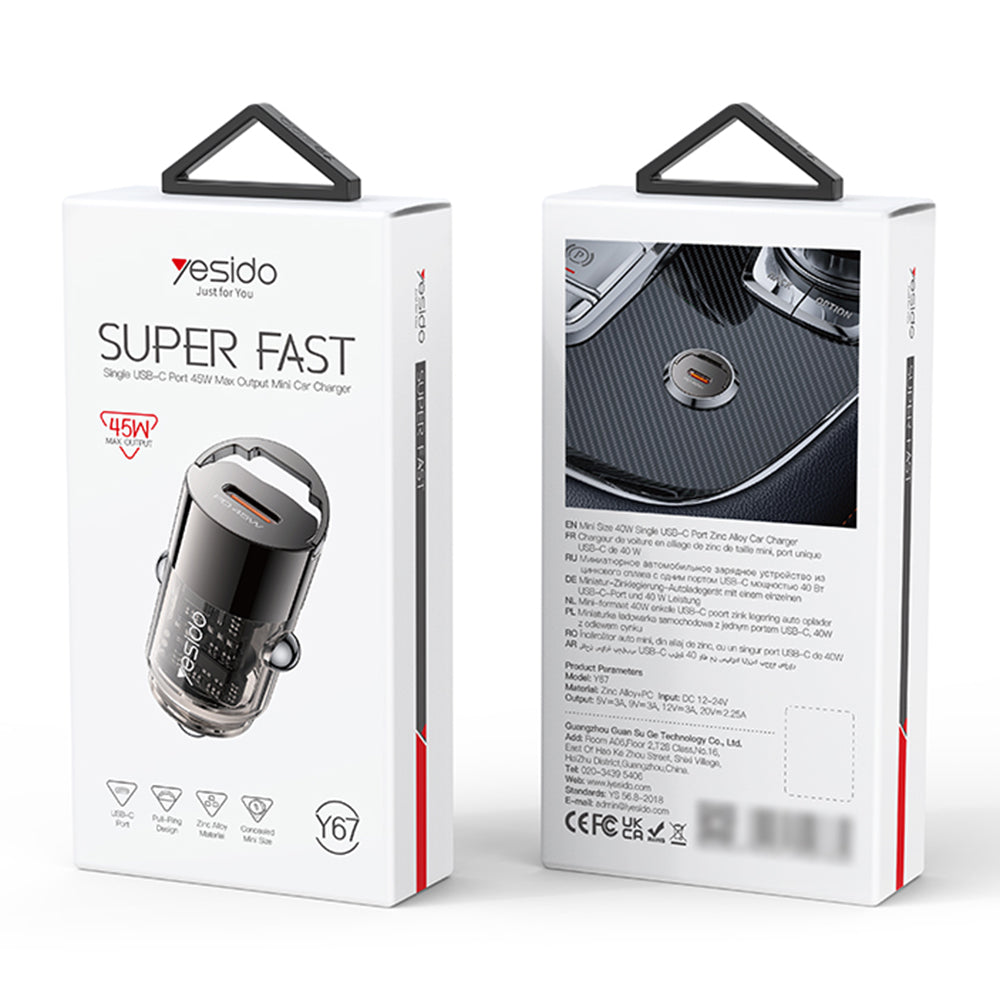 Autolader Yesido Y67, 45W, 3A, 1 x USB-C, Zwart