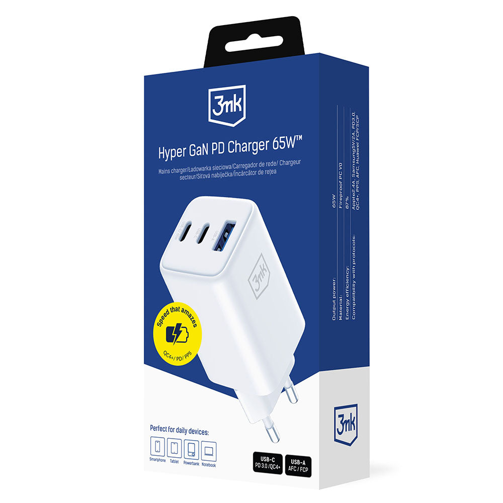 Netwerkoplader 3MK Hyper, 65W, 3.25A, 1 x USB-A - 2 x USB-C, Wit