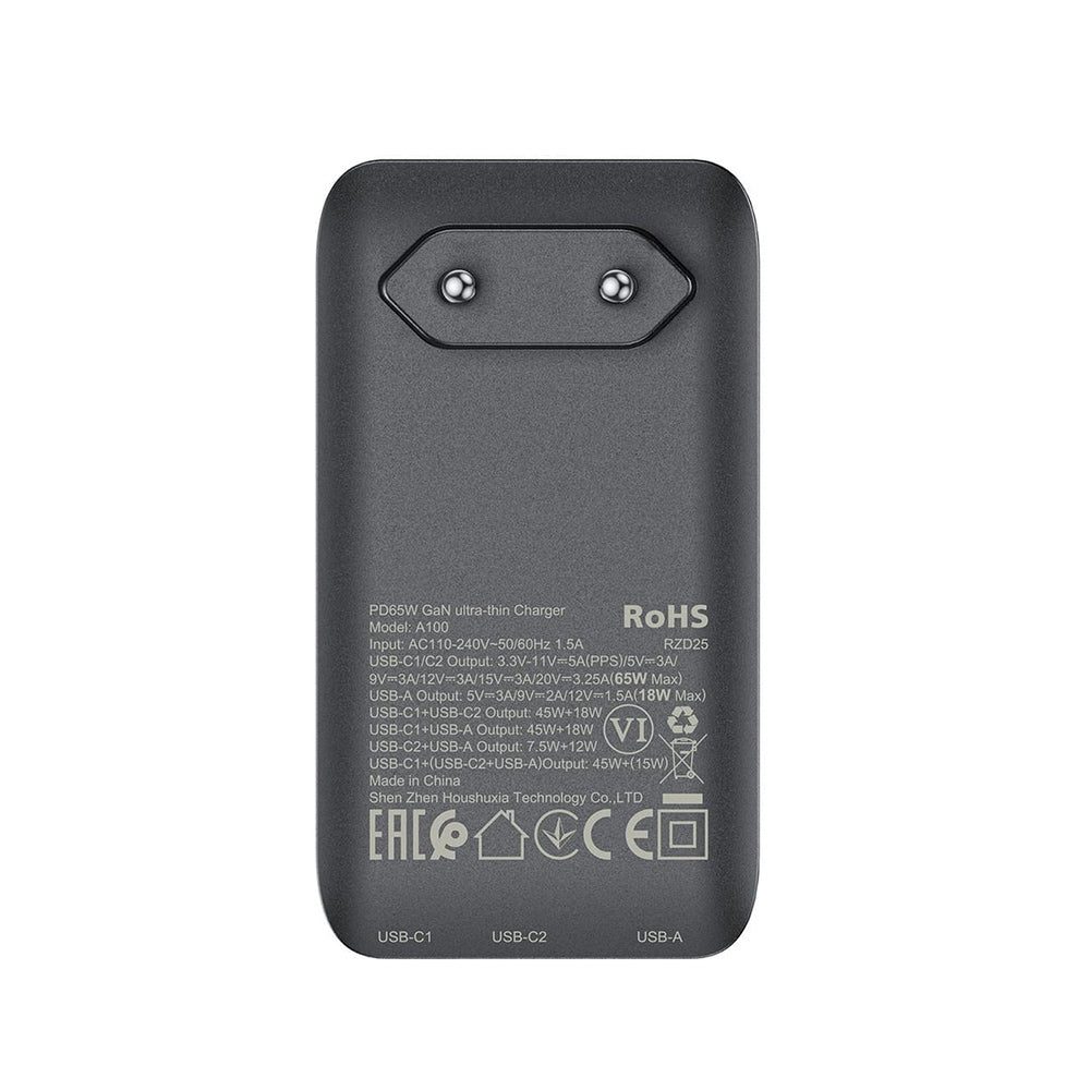 Netwerkoplader Acefast A100, 65W, 3.25A, 1 x USB-A - 2 x USB-C, Zwart
