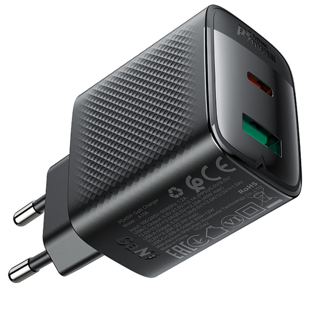 Netwerkoplader Acefast A106, 45W, 3A, 1 x USB-A - 1 x USB-C, Zwart