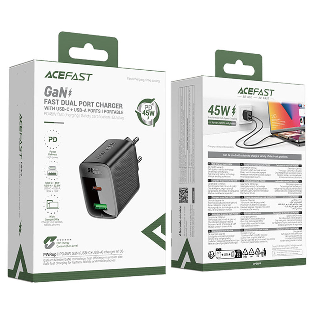 Netwerkoplader Acefast A106, 45W, 3A, 1 x USB-A - 1 x USB-C, Zwart