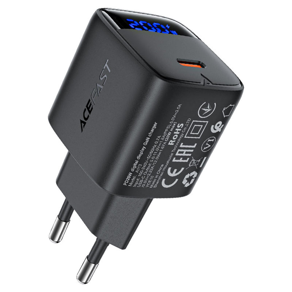 Acefast A113 Display Netwerkoplader, 20W, 3A, 1 x USB-C, Zwart